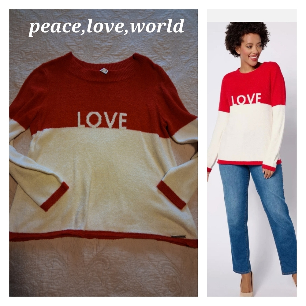 Peace Love World Chenille Affirmation Sweater Love Red Ivory
